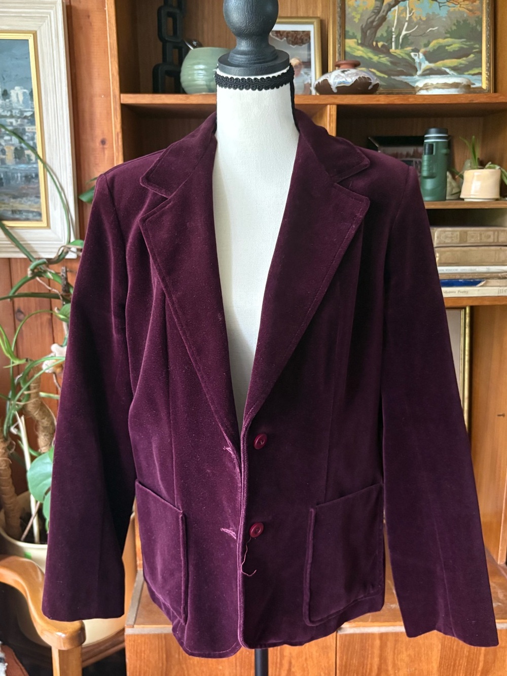 Dark Academia 90s Vintage Velour Burgundy Blazer XL